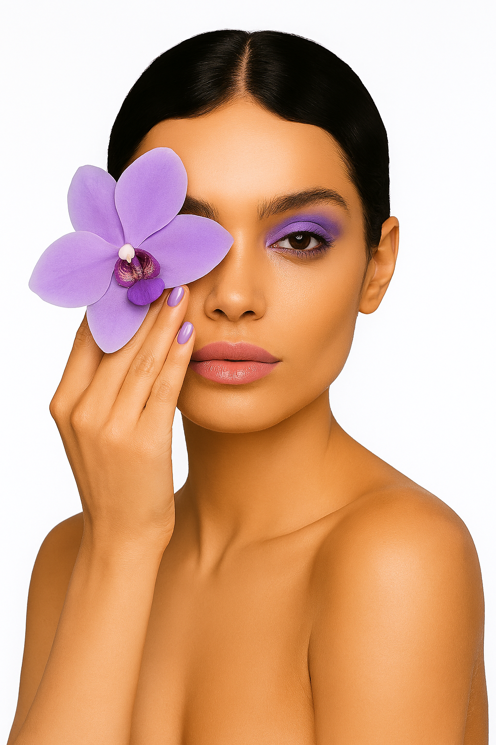 Close-up of a woman applying a beauty gadget to her face for skincare, with pastel lilac backdrop