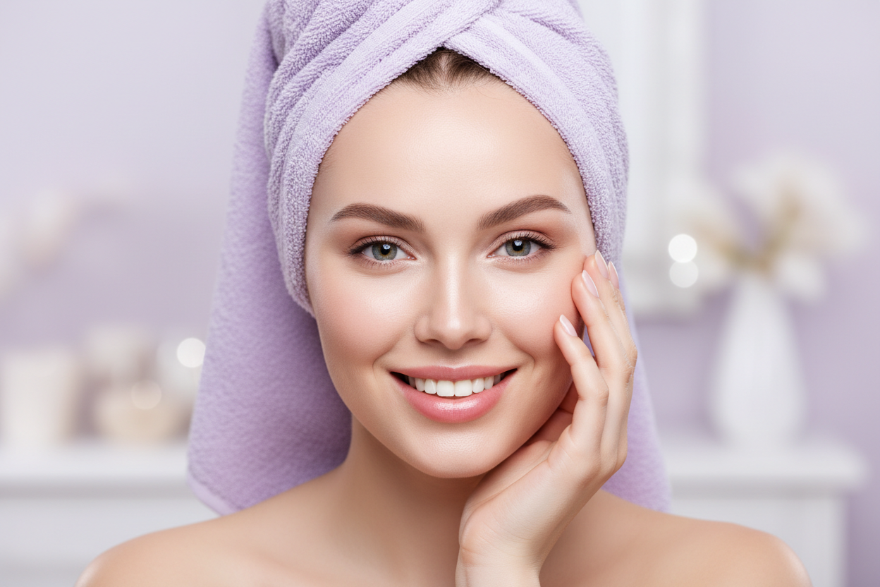 woman with towel in her head, her hand on face beautiful, elegant, open eyes and happy, main color soft lilac/levanda. close look
